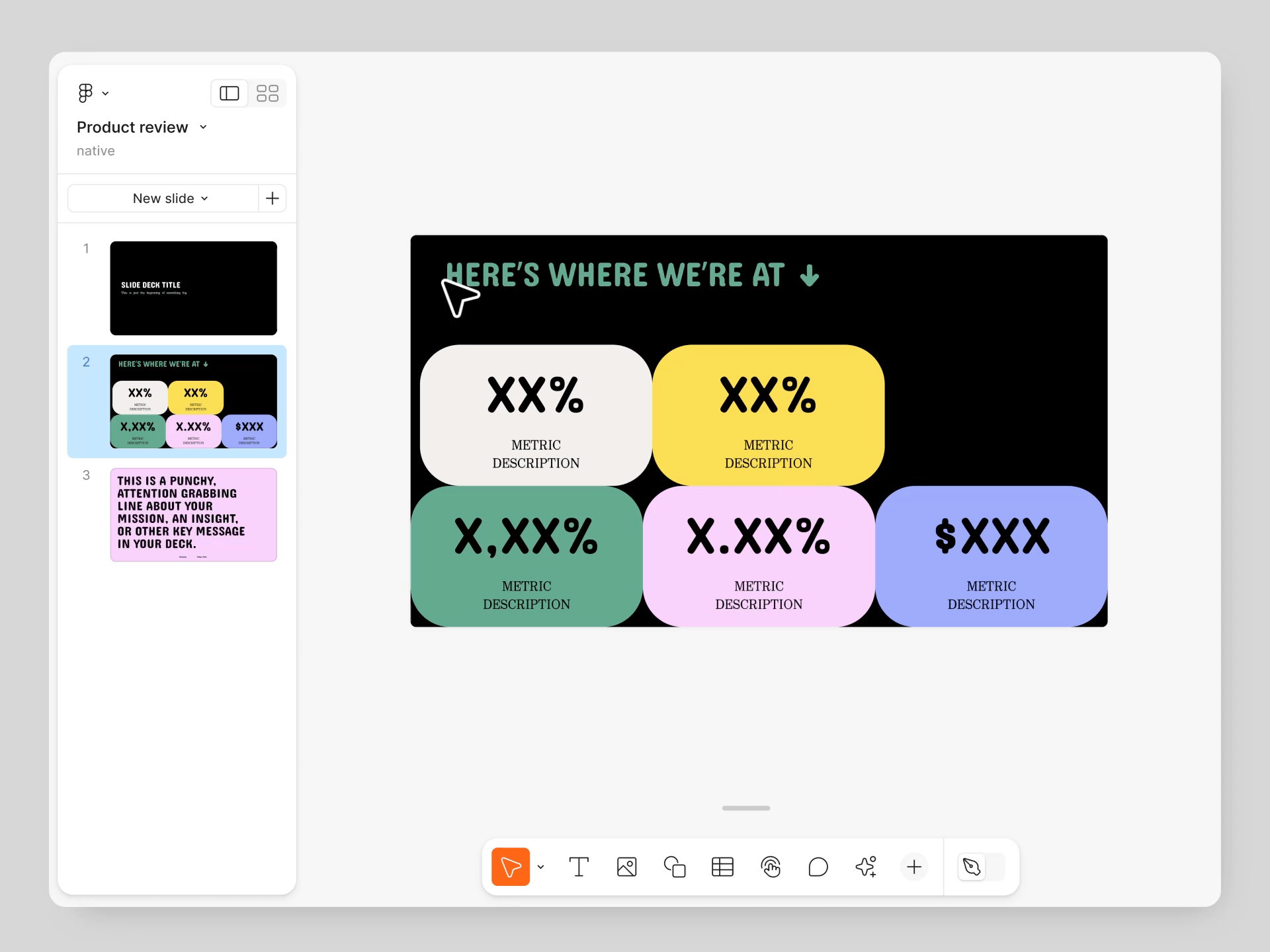 Figma Slides Grid View: slide thumbnails arranged in horizontal rows, with drag-and-drop grouping