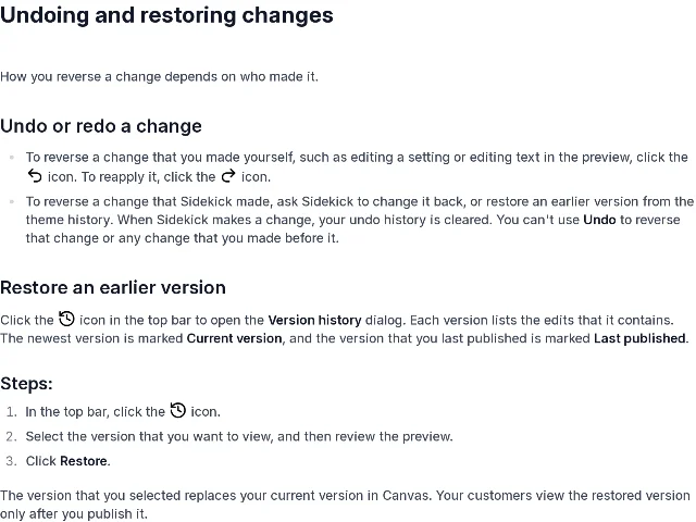 The Undoing and restoring changes section, with the sentence that when Sidekick makes a change your undo history is cleared