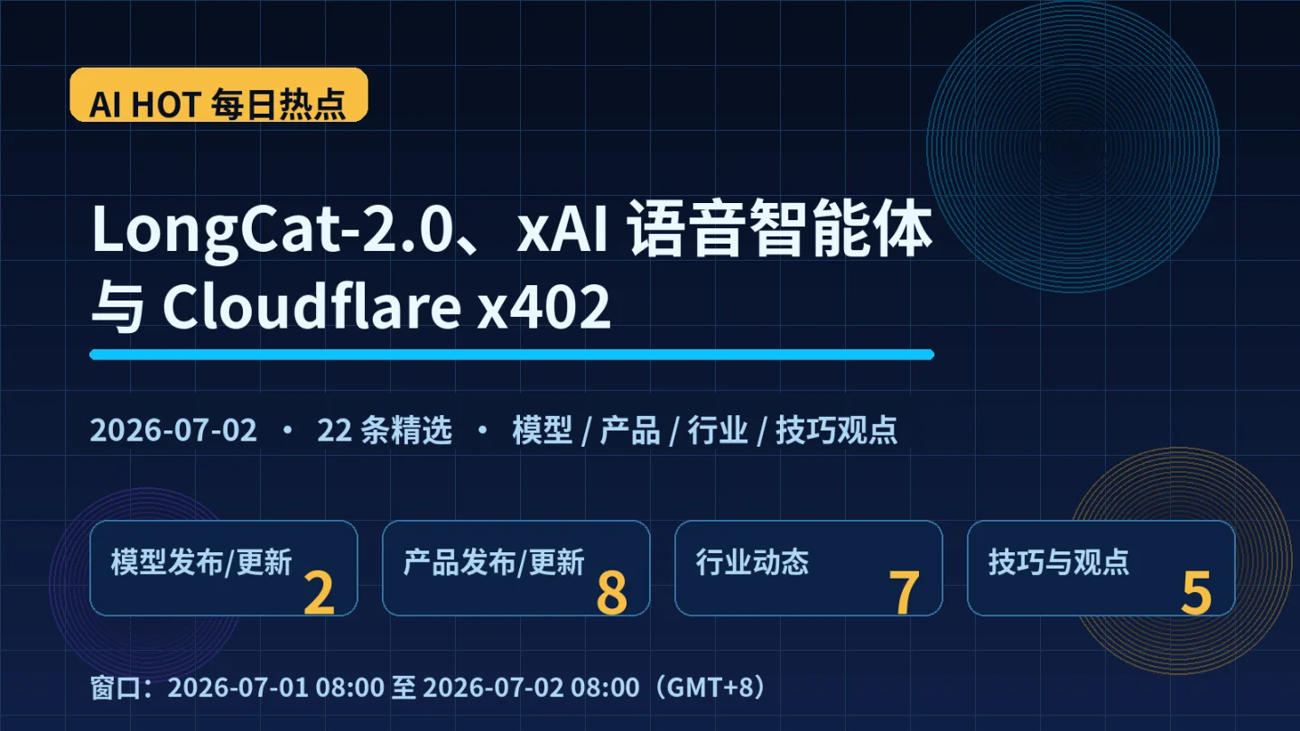 LongCat-2.0、xAI 语音智能体与 Cloudflare x402——AI HOT 今日热点(2026-07-02)