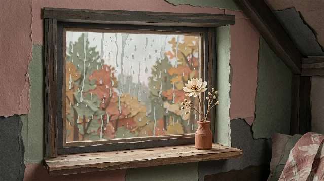 A rain-streaked window with a dried flower in a terracotta vase on the sill, autumn trees blurred outside, cut-paper collage style