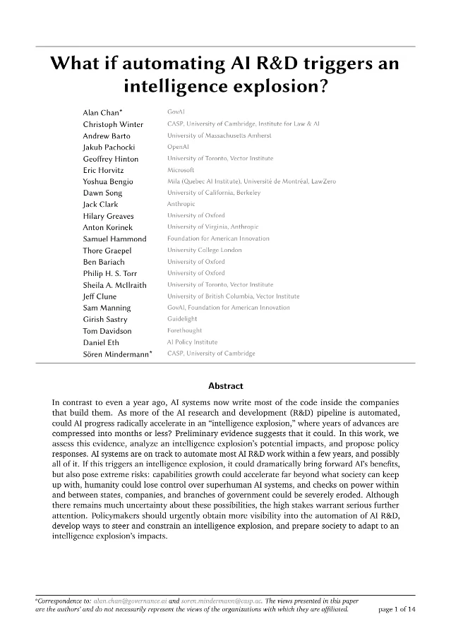 CASP 报告第一页:标题 What if automating AI R&D triggers an intelligence explosion?,下附 22 位作者与机构,再下面是摘要,最后一句为 Although there remains much uncertainty about these possibilities