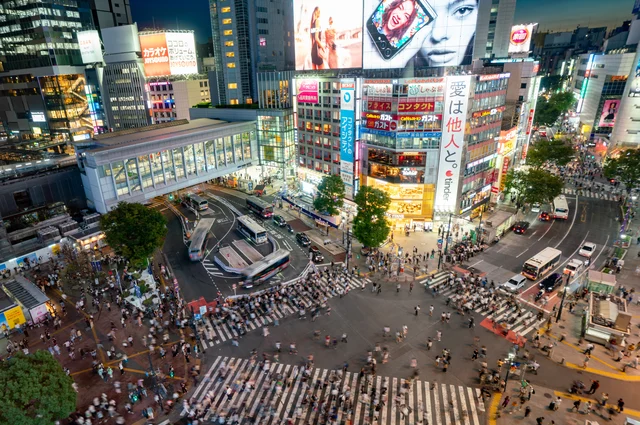 Shibuya Scramble Crossing at night — the world's busiest pedestrian intersection, Tokyo