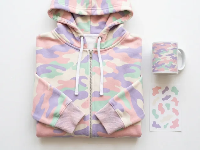 Pastel Camo product concept — blush-lavender-mint AOP zip hoodie with matching mug and sticker sheet on white surface