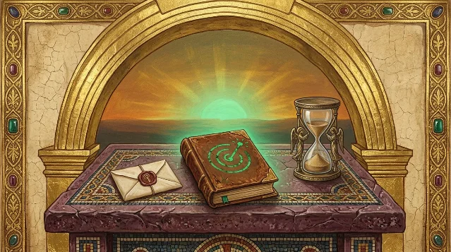 拜占庭圣像风格的 Codex 等待场景：封存的重置卡、沙漏和带雷达徽记的古书