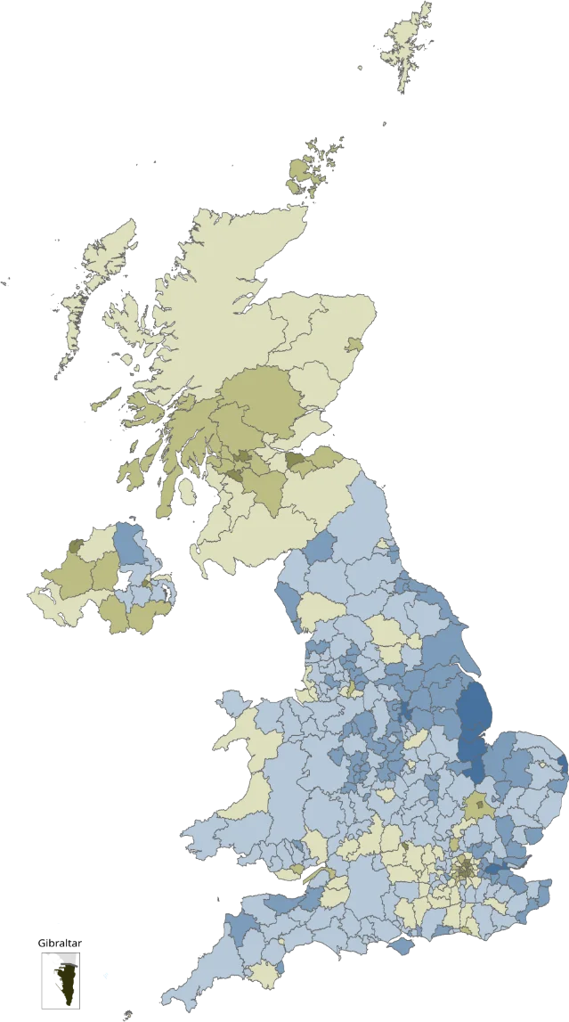 2016 Brexit referendum results by local voting area — blue shading shows Leave strength in England and Wales, green shading shows Remain strength in Scotland and Northern Ireland