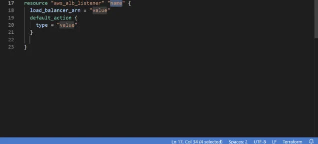 Minimal aws_alb_listener resource block with load_balancer_arn and default_action pre-populated with value placeholders