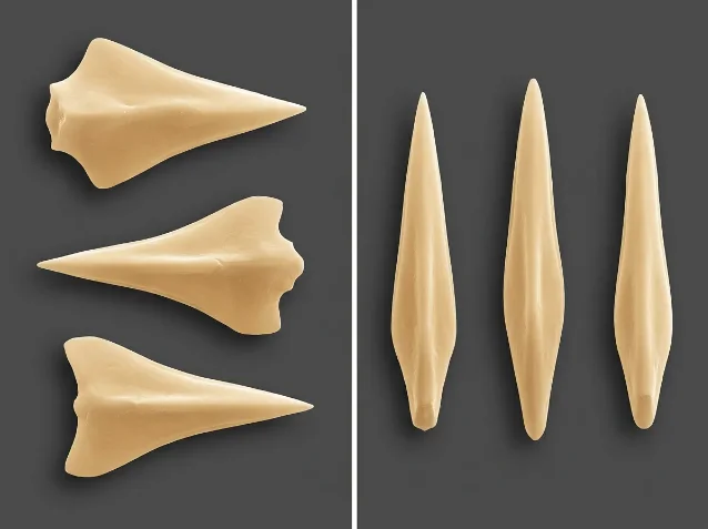 Scanning electron microscopy-style comparison of sclerites: left panel shows three broad arrow-shaped sclerites with wide lateral wings (F. porrectus type); right panel shows three narrow lance-shaped sclerites with no lateral flanges