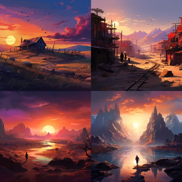 Saturation gradient technique — Midjourney examples: foreground colors rich and saturated, background desaturated toward gray-blue