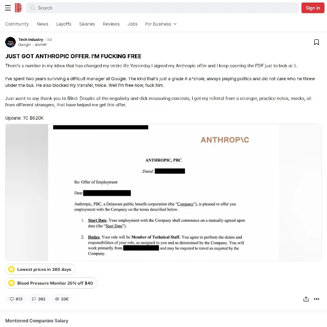 Blind post titled "JUST GOT ANTHROPIC OFFER. I’M FUCKING FREE" with the poster's Google badge, a 5d age marker, the words Update: TC $620K, a photograph of the first page of an Anthropic, PBC offer letter listing the role as Member of Technical Staff, and counters of 813 likes, 382 comments and 33K views