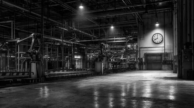 An idle automobile factory floor, 2009 — assembly line equipment at standstill on the morning GM filed for bankruptcy protection