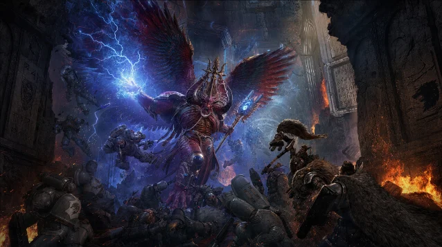 Magnus tearing through the fortress of the Fang, Space Wolf defenders hurled aside by psychic lightning