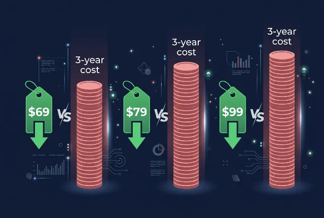 Three green LTD price tags at $69, $79, and $99 each paired against a tall stack of coins representing the 3-year subscription cost