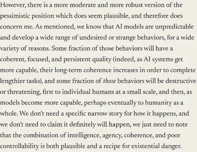 Dario Amodei 长文《The Adolescence of Technology》里的一段原文,末句为 the combination of intelligence, agency, coherence, and poor controllability is both plausible and a recipe for existential danger.