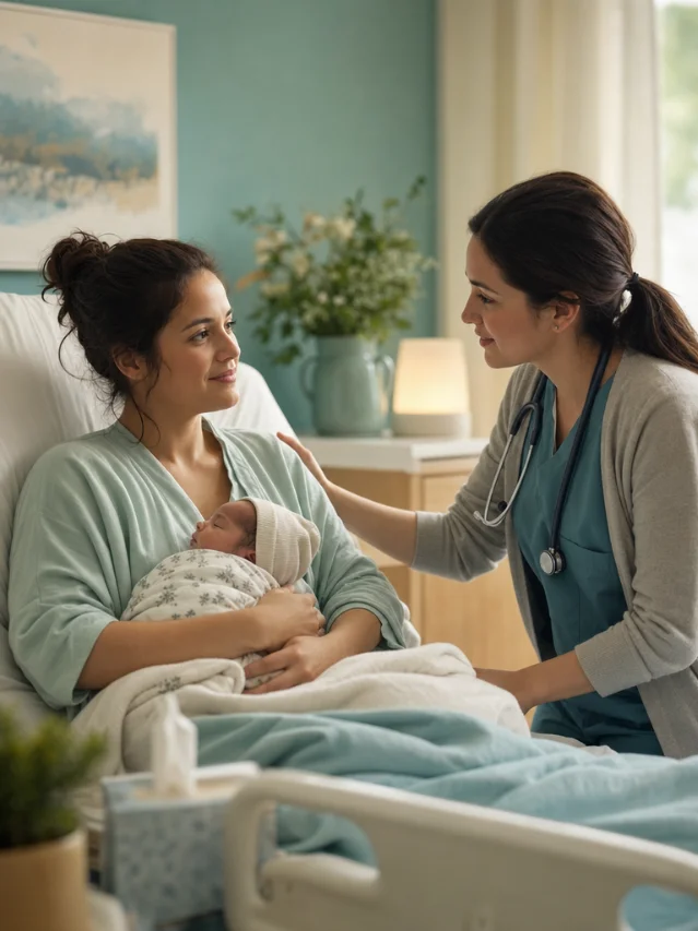 Healthcare professional in a perinatal care setting speaking with a new mother and her newborn