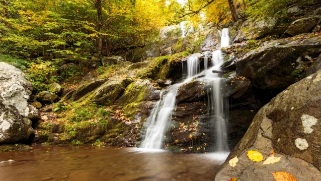 Dark Hollow Falls, Shenandoah National Park — multi-tiered cascade over mossy boulders
