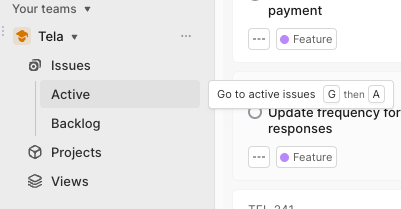 Hover hint banner showing "Go to active issues G then A"
