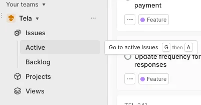 Hover hint banner showing "Go to active issues G then A"