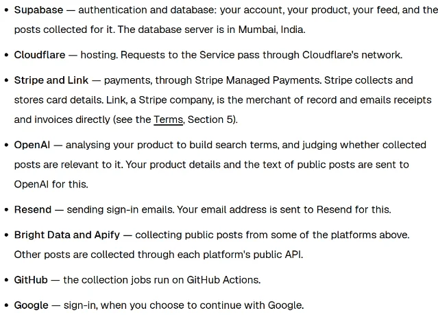 Ownfeed 隐私政策第 5 节服务商清单:Supabase、Cloudflare、Stripe and Link、OpenAI、Resend、Bright Data and Apify、GitHub、Google 八家