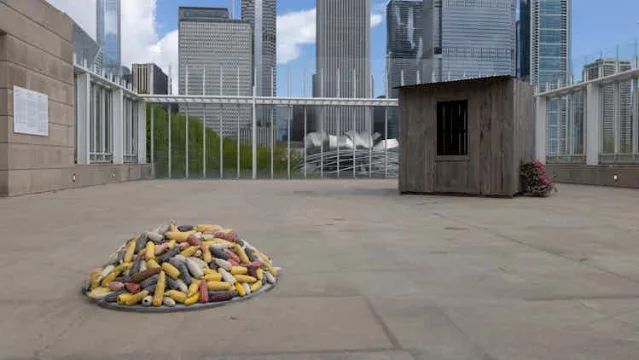 Edgar Calel's K'ojay hut installation on the Bluhm Family Terrace, with the Chicago skyline in the background