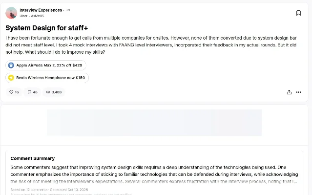 Blind post titled "System Design for staff+", showing the poster's account of several onsite calls that did not convert, above the counter row reading 16 likes, 46 comments and 3,408 views