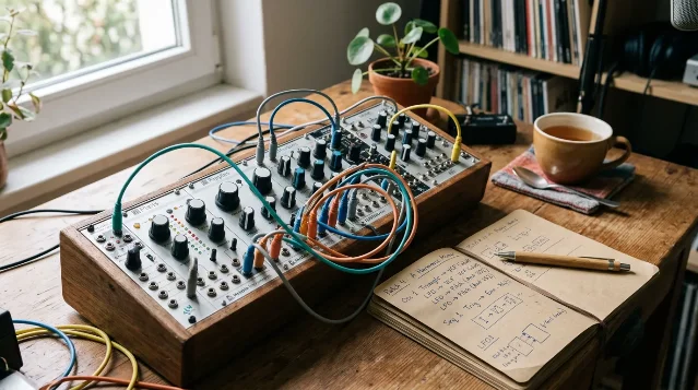 Eurorack modular synthesizer on a wooden desk with patch cables, an open notebook, and a cup of tea — warm window light, home studio atmosphere