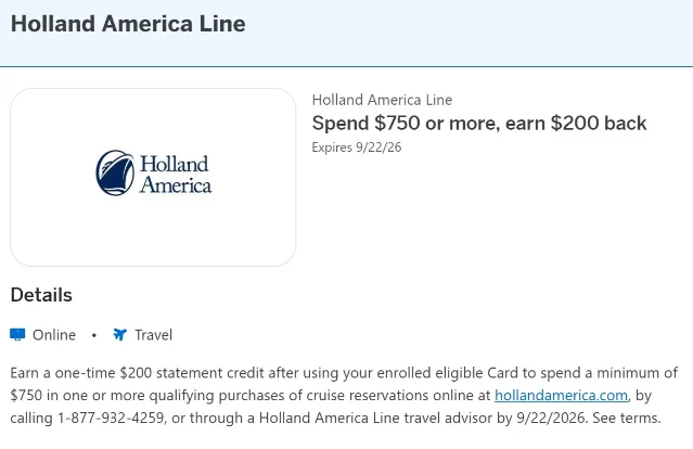 Holland America Line cruise ship with an Amex Offer overlay