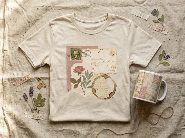 AI-generated concept: Junk Journal Aesthetic — oatmeal tee with vintage collage graphic (postage stamp, pressed rose, coffee ring, aged letter fragments) alongside a mug with matching ephemera pattern