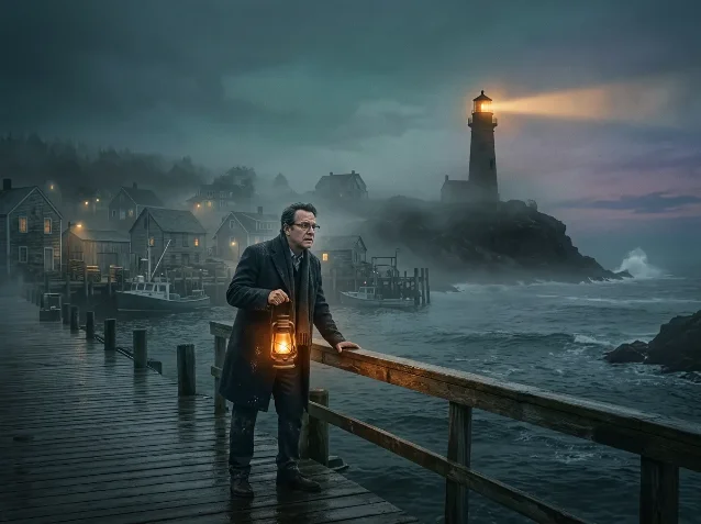 Widow's Bay Apple TV+ — a lone figure with a lantern stands on a fog-shrouded New England coastal pier at dusk, lighthouse in the background