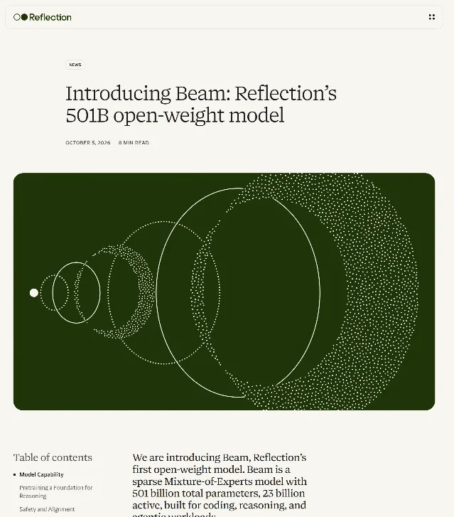 Reflection AI 官方博客 Introducing Beam 页面，标题下的日期写着 OCTOBER 5, 2026