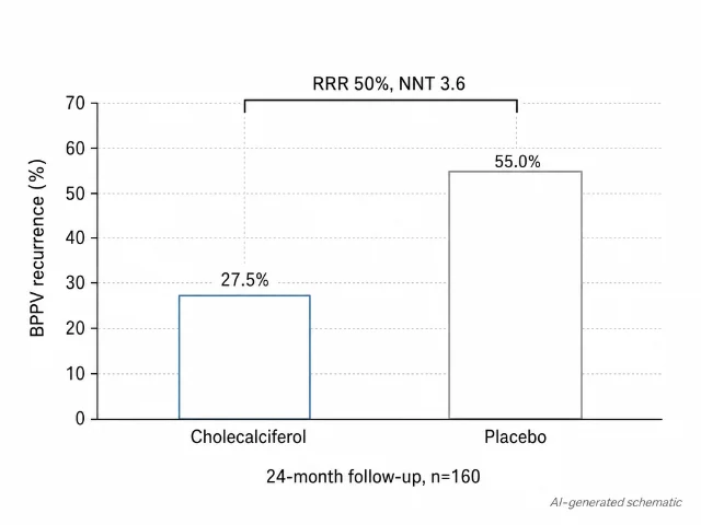 Bar chart schematic showing BPPV recurrence at 24 months: cholecalciferol 27.5% vs placebo 55.0%, with NNT 3.6 annotation