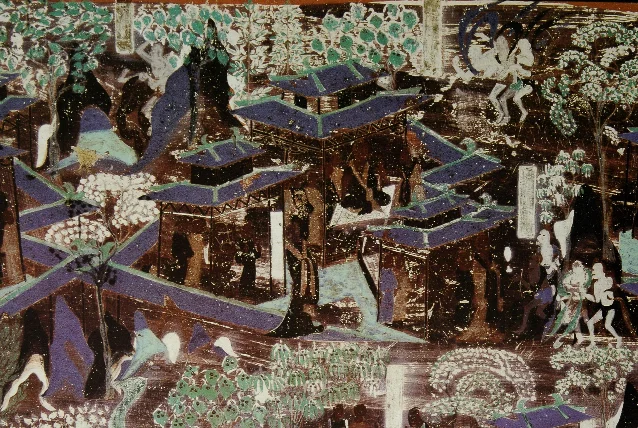 须达拏太子把白象施给婆罗门,画面保留了宫廷、人物和大象的连续叙事关系。