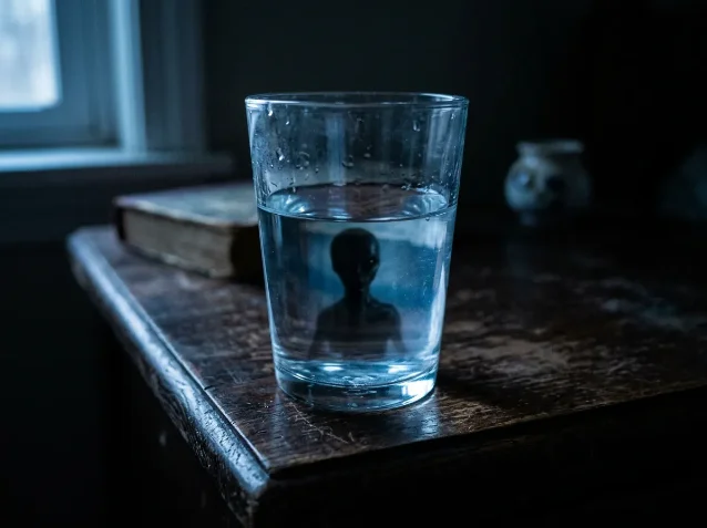 Close-up of a glass of water on a dark wooden nightstand, a shadowy silhouette visible inside the water