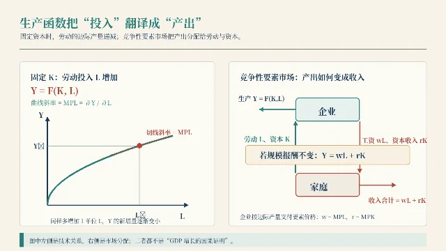 固定资本下的生产函数、边际产量与要素收入分配示意图
