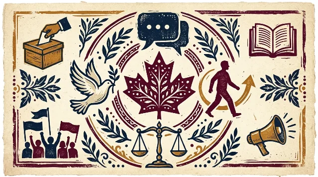 Symbolic illustration of the Canadian Charter — maple leaf surrounded by icons of rights including free expression, equality, and mobility