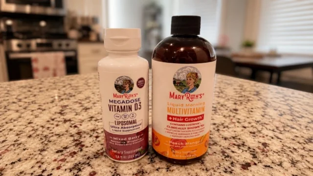 MaryRuth's Megadose Vitamin D3 and Liquid Morning Multivitamin bottles on kitchen counter