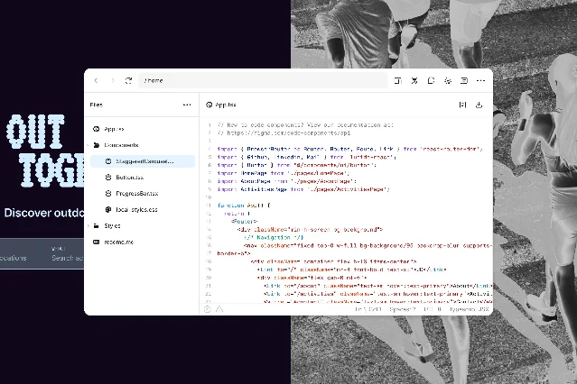 Code editor overlay showing React code on top of a dark event-page design