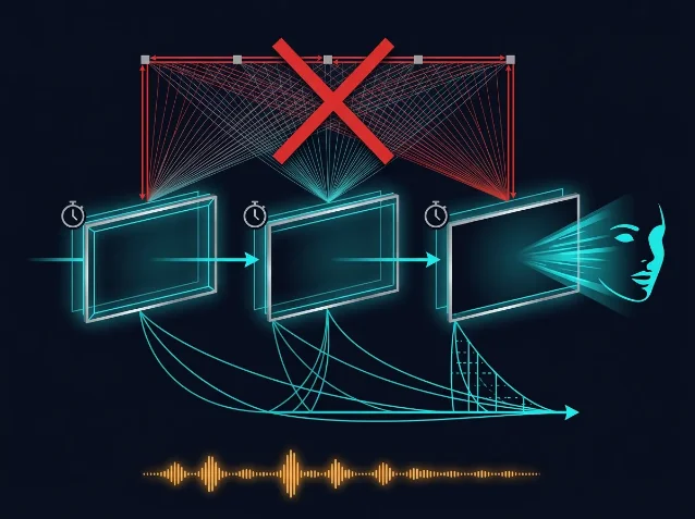 Bidirectional full attention (red, rejected with X) vs. causal lower-triangular attention (cyan, right) for streaming video frames, with audio waveform in orange below and a face silhouette as output