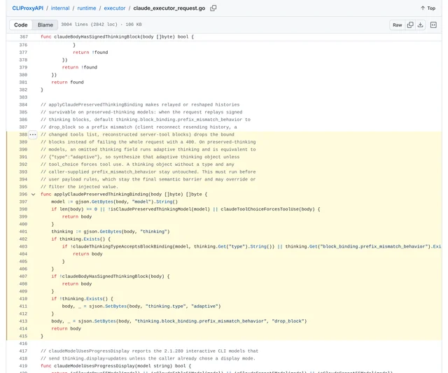 CLIProxyAPI dev 分支 claude_executor_request.go 第 388 到 415 行