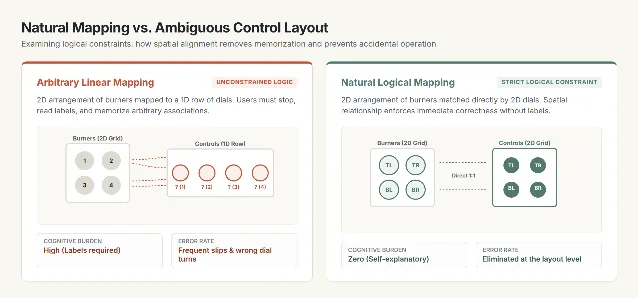 Comparison between an arbitrary linear layout and a natural 2x2 logical mapping of controls
