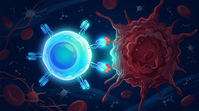 Illustration of a CAR-T cell with chimeric antigen receptor protrusions engaging a cancer cell in a blood-vessel environment, blue T-cell versus dark-red tumor cell