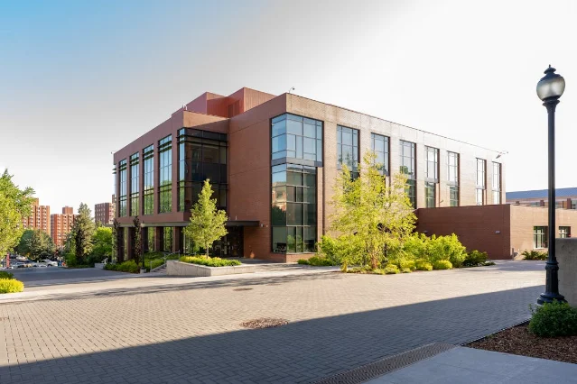 Modern university campus building with glass architecture