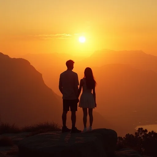 Flux-dev crane shot result: couple at sunset from elevated vantage — camera position score 0.5, shot analysis 0.63