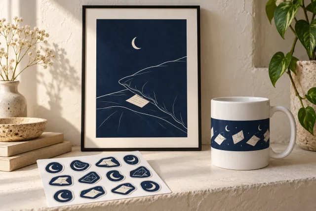 AI-generated product concept: framed indigo note-under-pillow print, printed mug and sticker sheet on a plaster shelf