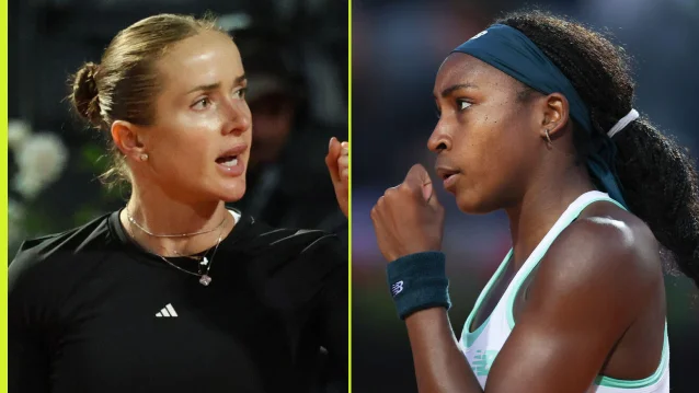 Elina Svitolina and Coco Gauff at the 2026 Italian Open trophy ceremony