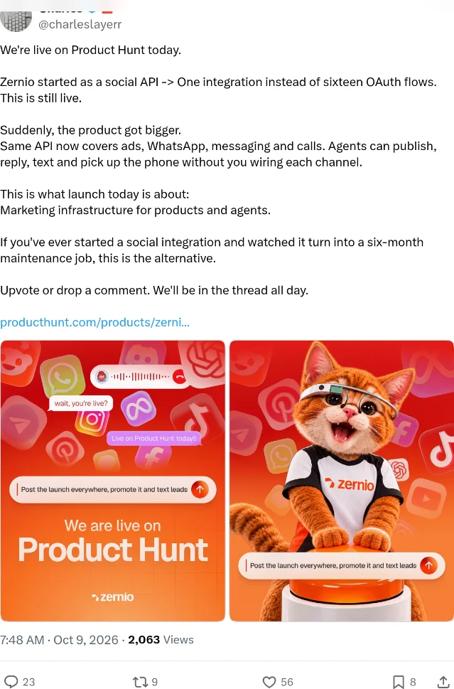 X 上 Zernio 增长负责人 Charles 的帖子：正文写 We're live on Product Hunt today、Zernio started as a social API，配两张 We are live on Product Hunt 的推广图，底部显示 7:48 AM · Oct 9, 2026 · 2,063 Views、56 赞、23 条回复