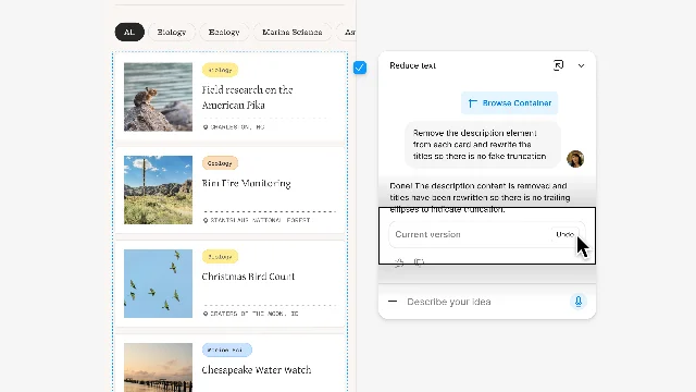 Undo button in the chat thread — each agent-generated change has a per-message Undo control alongside the chat conversation