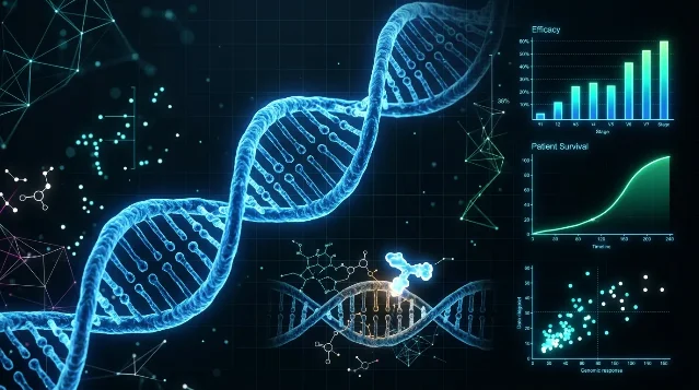 Biotech clinical research concept: DNA helix with efficacy and patient survival data charts