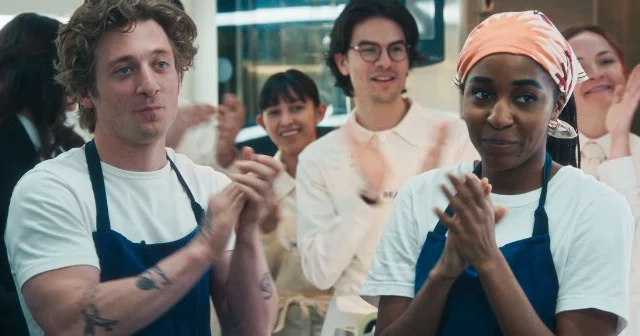 Ayo Edebiri and Liza Colón-Zayas in The Bear Season 5 — intense kitchen scene with stainless steel and professional kitchen lighting