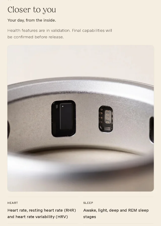 The "Closer to you" specification panel, headed by a sentence saying health features are in validation, above a macro photograph of the ring's sensor window and rows for heart, sleep, movement and temperature