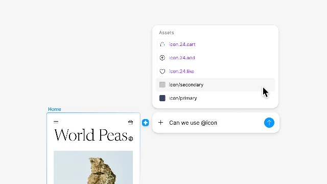 Library @mention picker — typing @ in the prompt reveals a component/variable/style selector from the connected design system library
